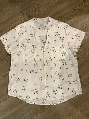 Piyama Floral Button Up Blouse Medium White Lyocell Cotton Lightweight Top